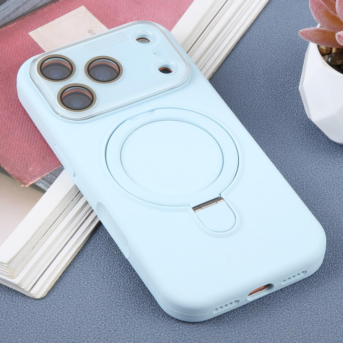 For iPhone 17 Pro Large Window Magnetic Holder Liquid Silicone Phone Case - Blue - EDA009822502I