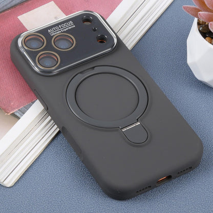 For iPhone 17 Pro Large Window Magnetic Holder Liquid Silicone Phone Case - Dark Grey - EDA009822502J