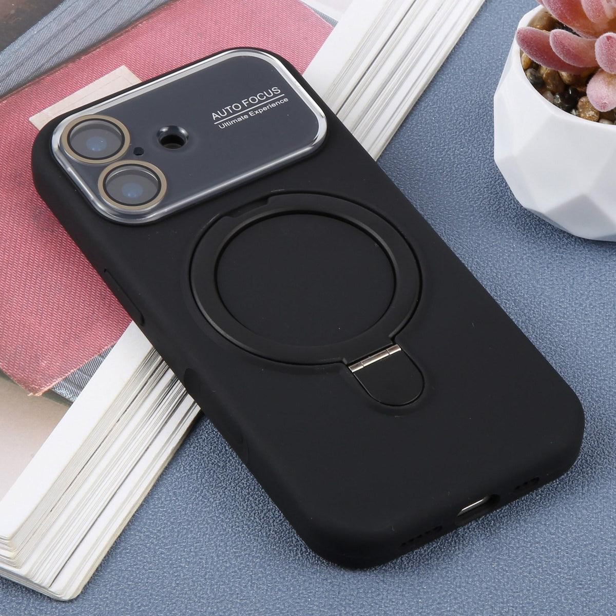 For iPhone 17 Large Window Magnetic Holder Liquid Silicone Phone Case - Black - EDA009822503A