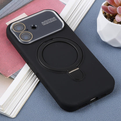 For iPhone 17 Large Window Magnetic Holder Liquid Silicone Phone Case - Black - EDA009822503A