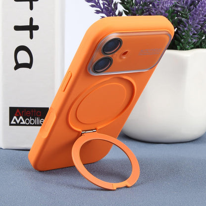 For iPhone 17 Large Window Magnetic Holder Liquid Silicone Phone Case - Orange - EDA009822503B