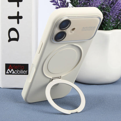 For iPhone 17 Large Window Magnetic Holder Liquid Silicone Phone Case - White - EDA009822503C