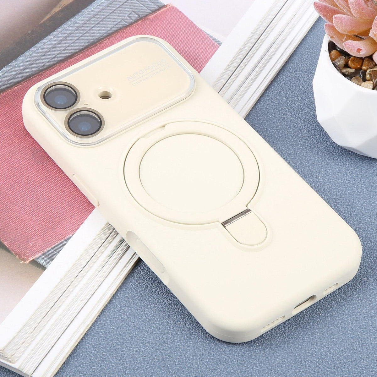 For iPhone 17 Large Window Magnetic Holder Liquid Silicone Phone Case - White - EDA009822503C