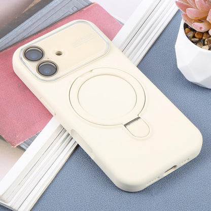 For iPhone 17 Large Window Magnetic Holder Liquid Silicone Phone Case - White - EDA009822503C