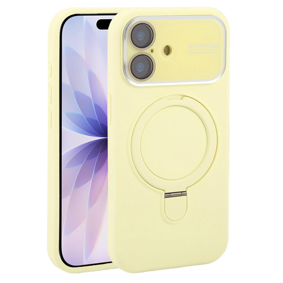 For iPhone 17 Large Window Magnetic Holder Liquid Silicone Phone Case - Yellow - EDA009822503D
