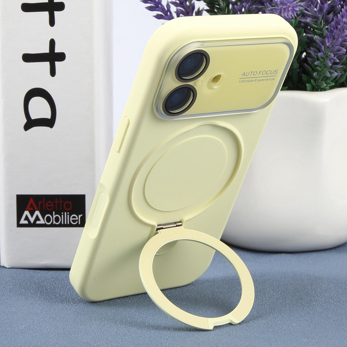For iPhone 17 Large Window Magnetic Holder Liquid Silicone Phone Case - Yellow - EDA009822503D