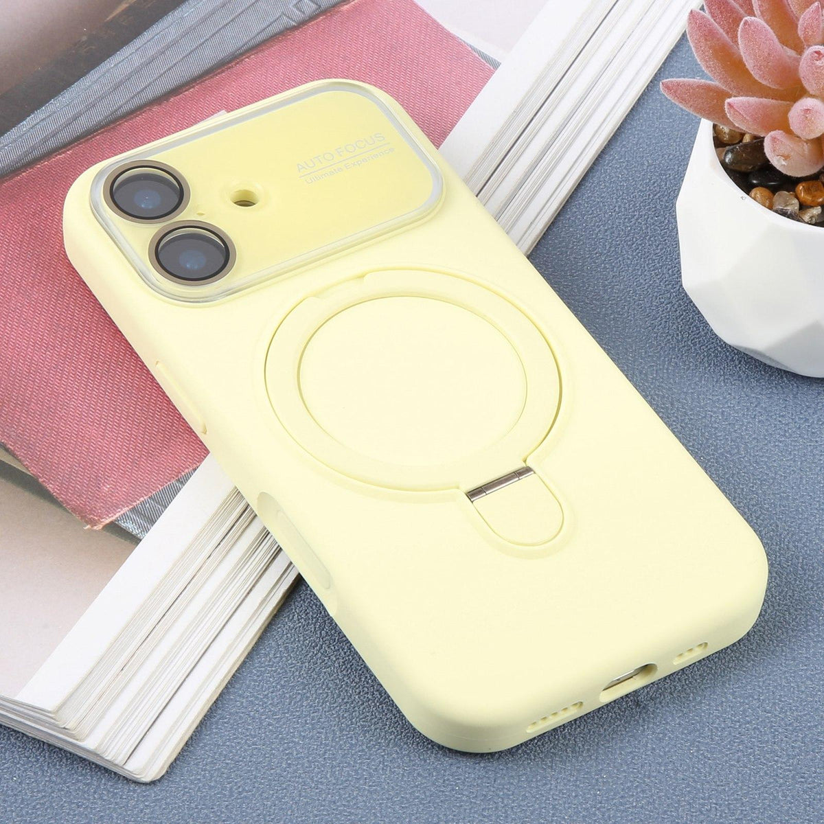 For iPhone 17 Large Window Magnetic Holder Liquid Silicone Phone Case - Yellow - EDA009822503D
