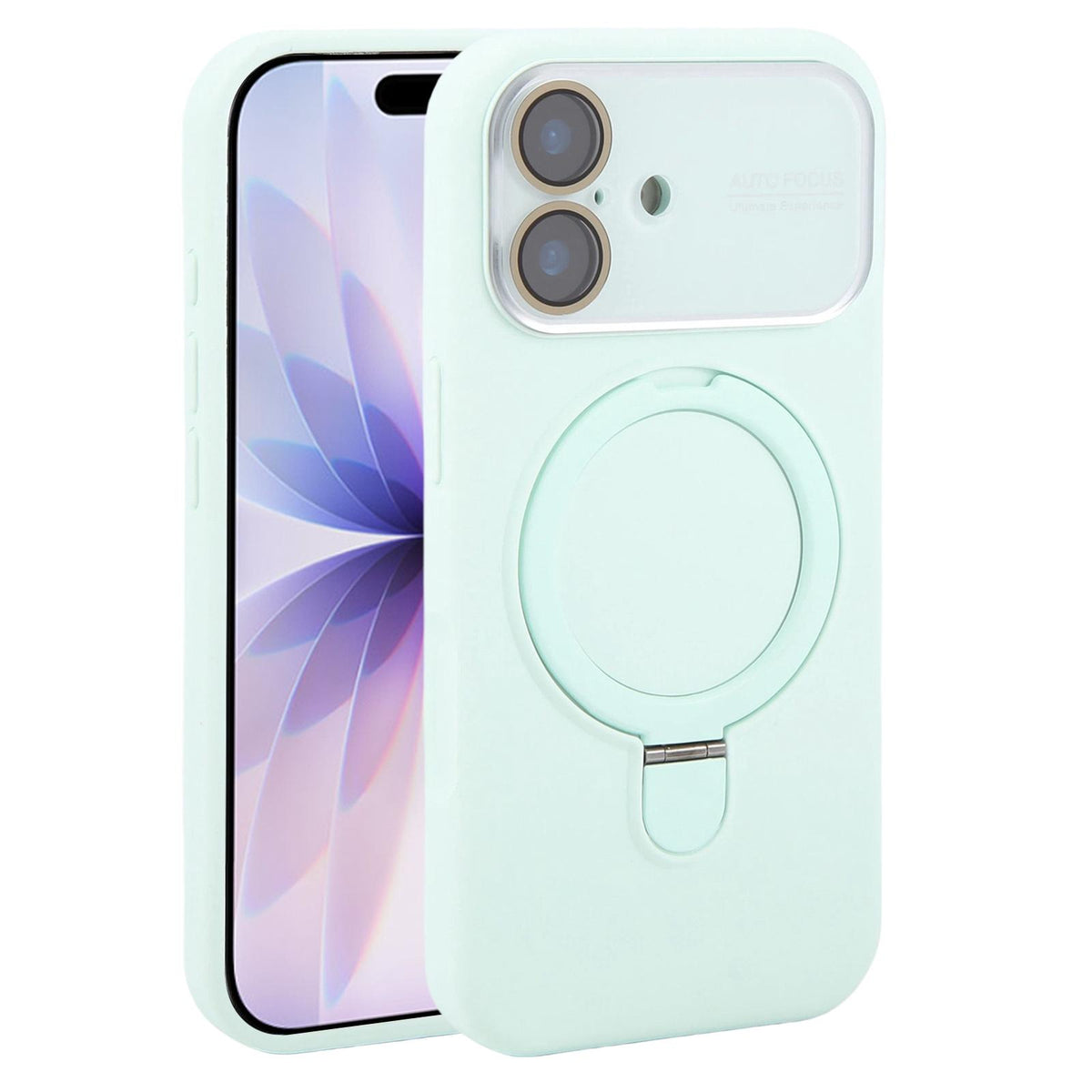 For iPhone 17 Large Window Magnetic Holder Liquid Silicone Phone Case - Mint Green - EDA009822503E