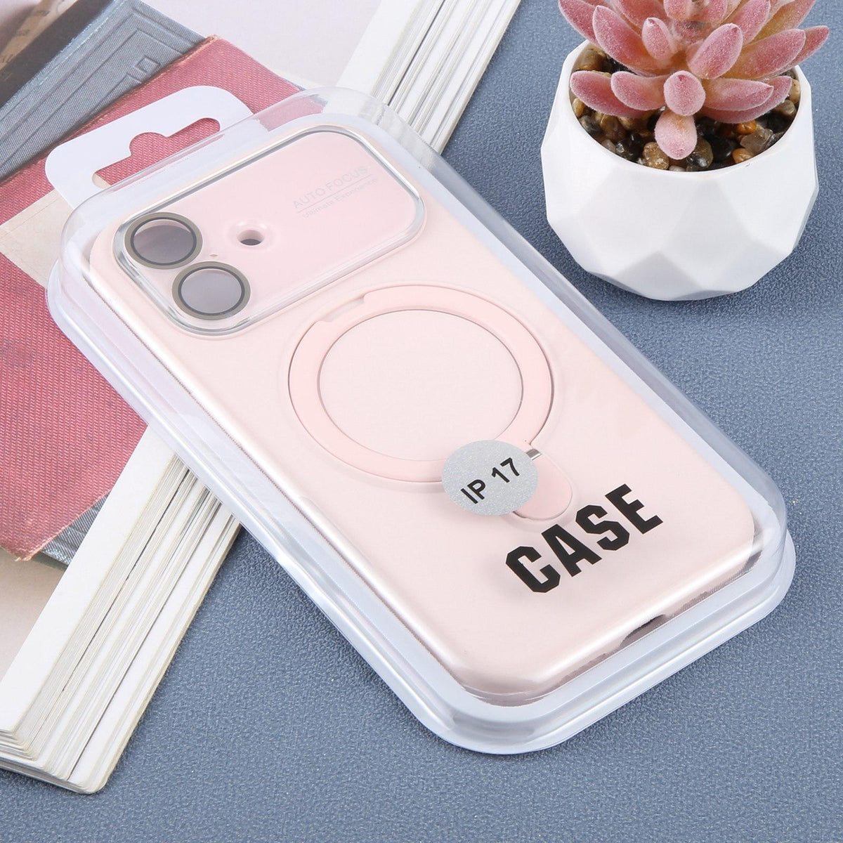For iPhone 17 Large Window Magnetic Holder Liquid Silicone Phone Case - Pink - EDA009822503F