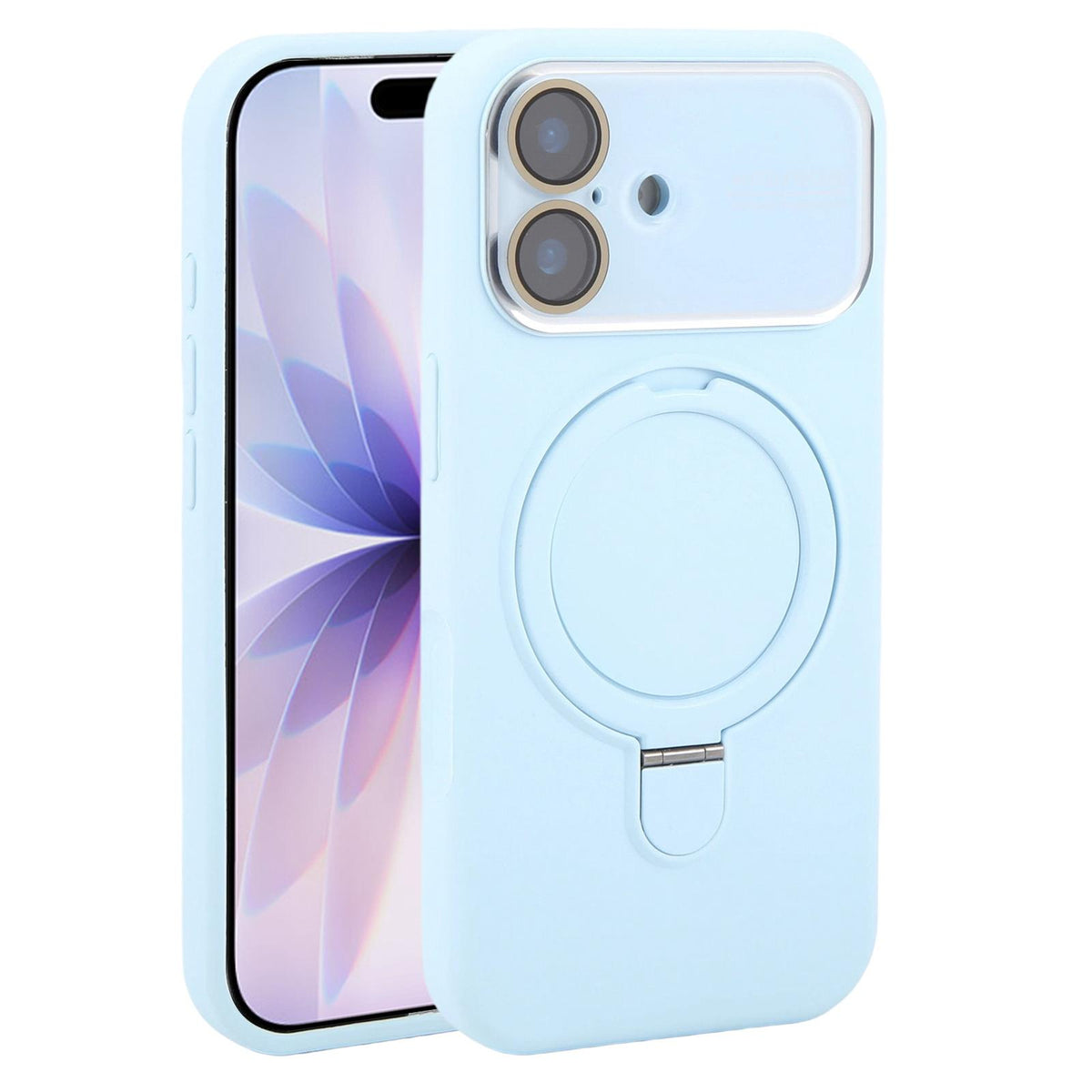 For iPhone 17 Large Window Magnetic Holder Liquid Silicone Phone Case - Blue - EDA009822503I