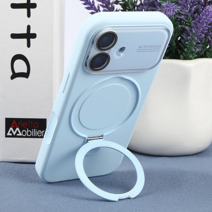 For iPhone 17 Large Window Magnetic Holder Liquid Silicone Phone Case - Blue - EDA009822503I