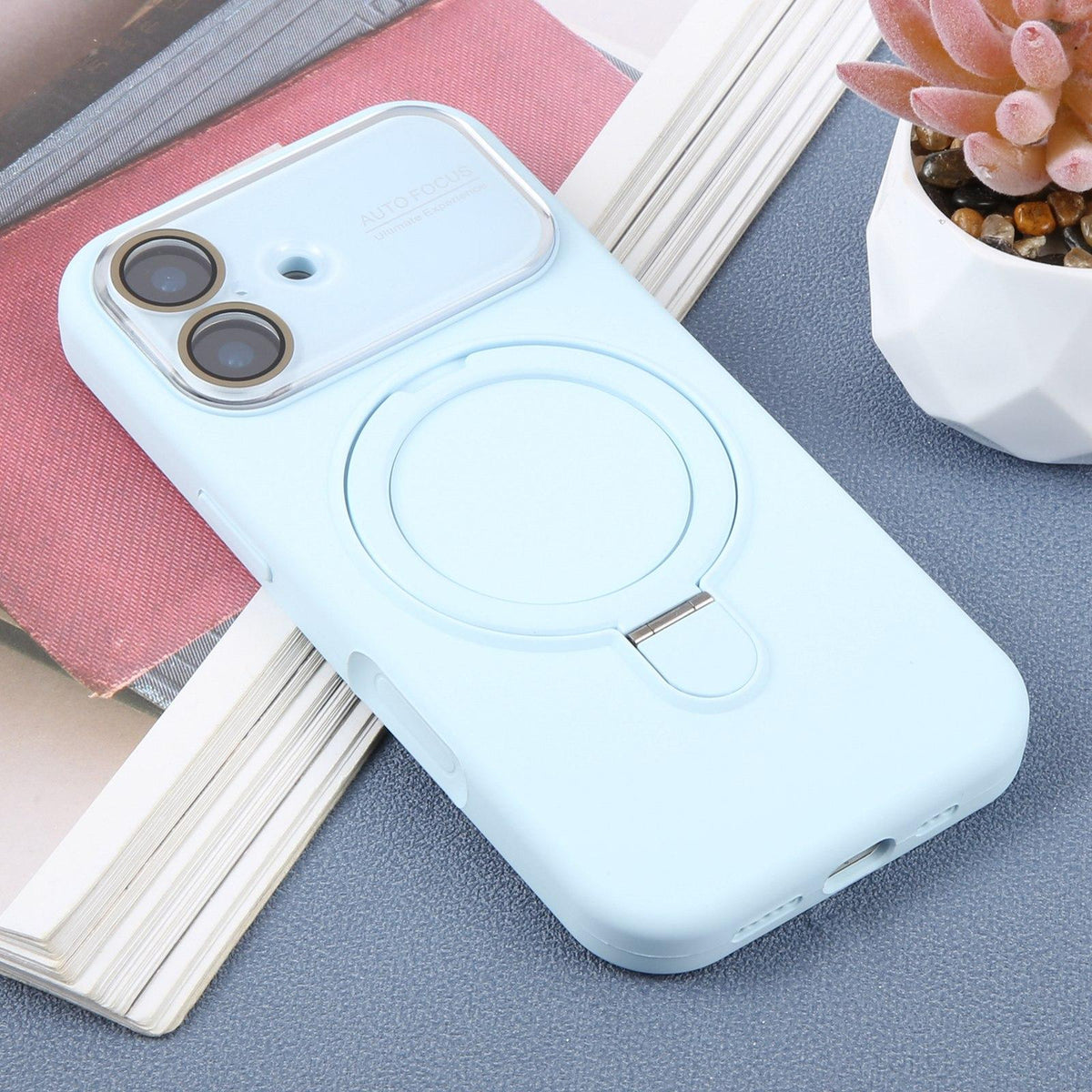 For iPhone 17 Large Window Magnetic Holder Liquid Silicone Phone Case - Blue - EDA009822503I