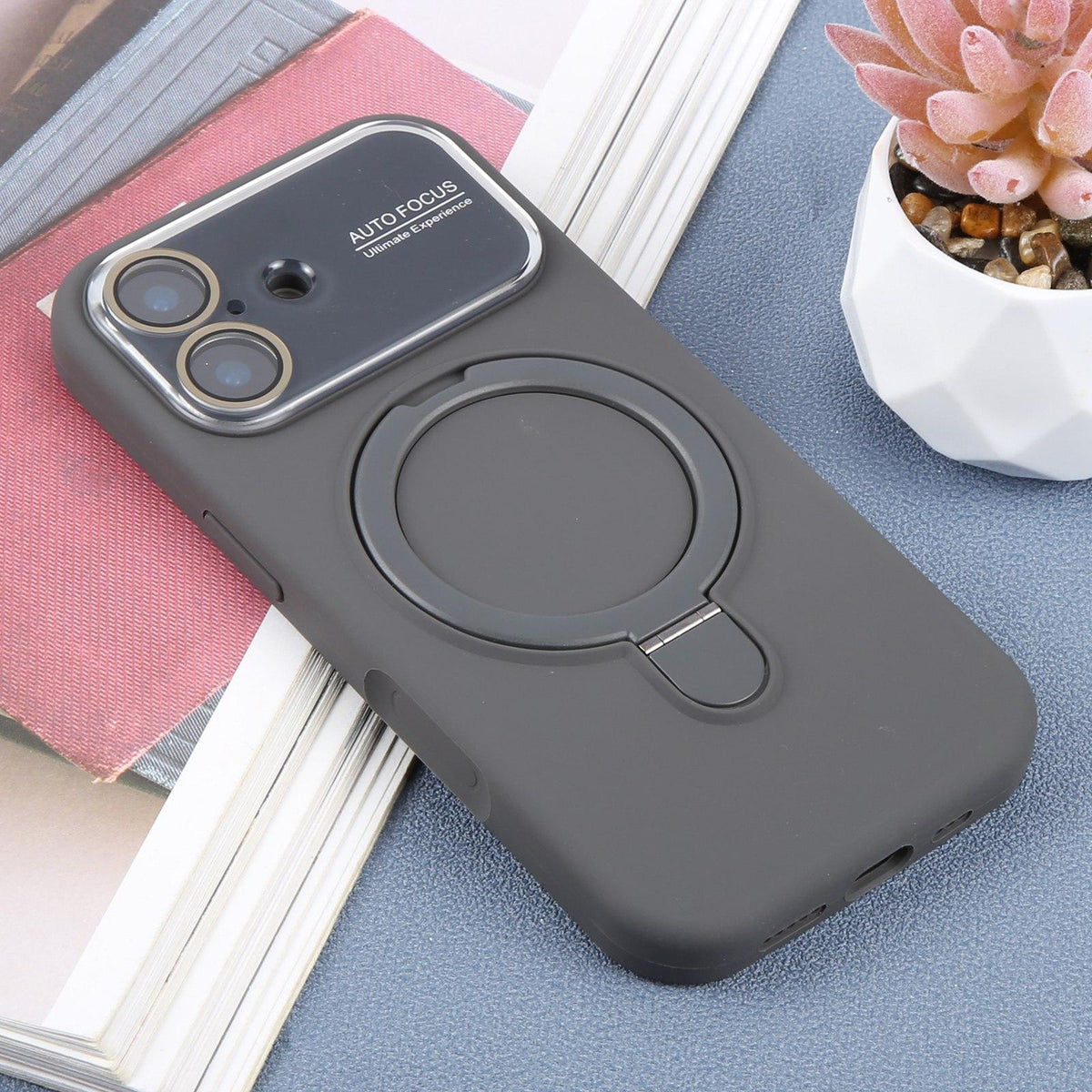 For iPhone 17 Large Window Magnetic Holder Liquid Silicone Phone Case - Dark Grey - EDA009822503J