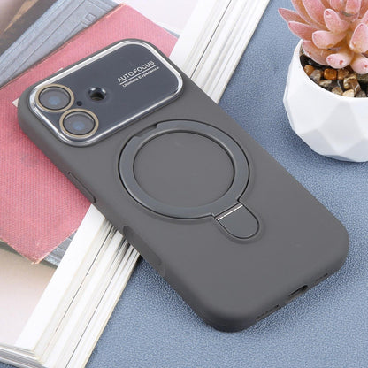 For iPhone 17 Large Window Magnetic Holder Liquid Silicone Phone Case - Dark Grey - EDA009822503J