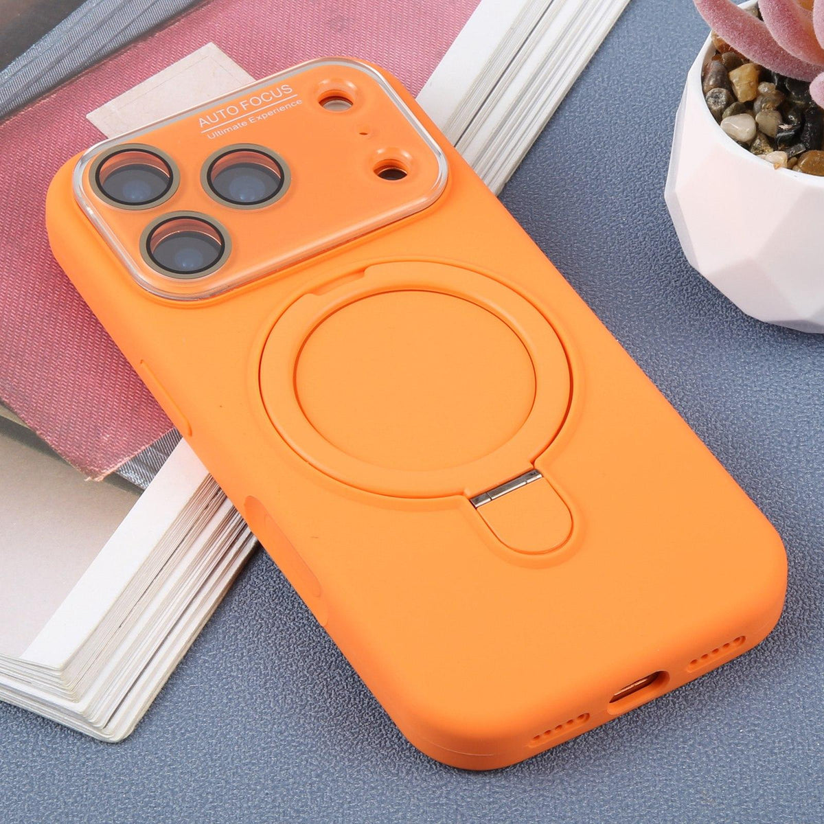 For iPhone 16 Pro Max Large Window Magnetic Holder Liquid Silicone Phone Case - Orange - EDA009822505B