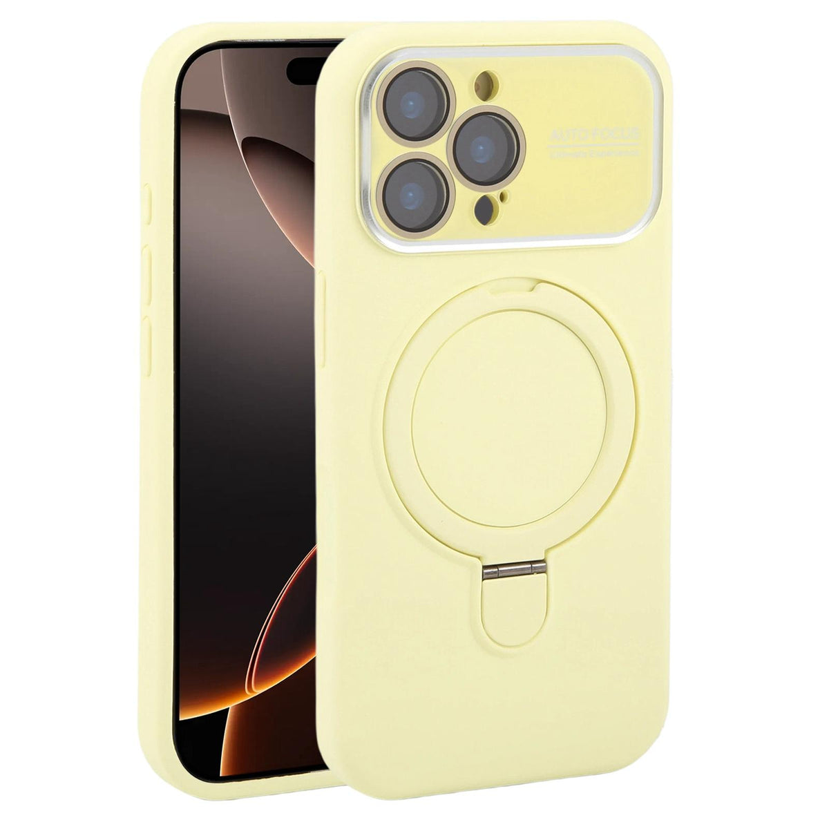 For iPhone 16 Pro Max Large Window Magnetic Holder Liquid Silicone Phone Case - Yellow - EDA009822505D