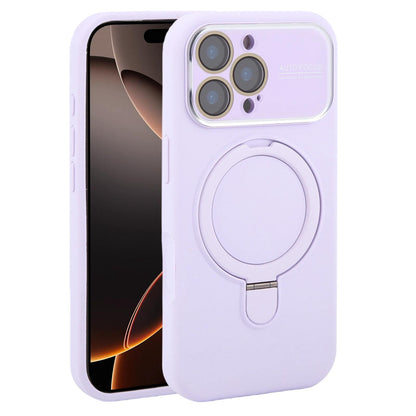 For iPhone 16 Pro Max Large Window Magnetic Holder Liquid Silicone Phone Case - Purple - EDA009822505H
