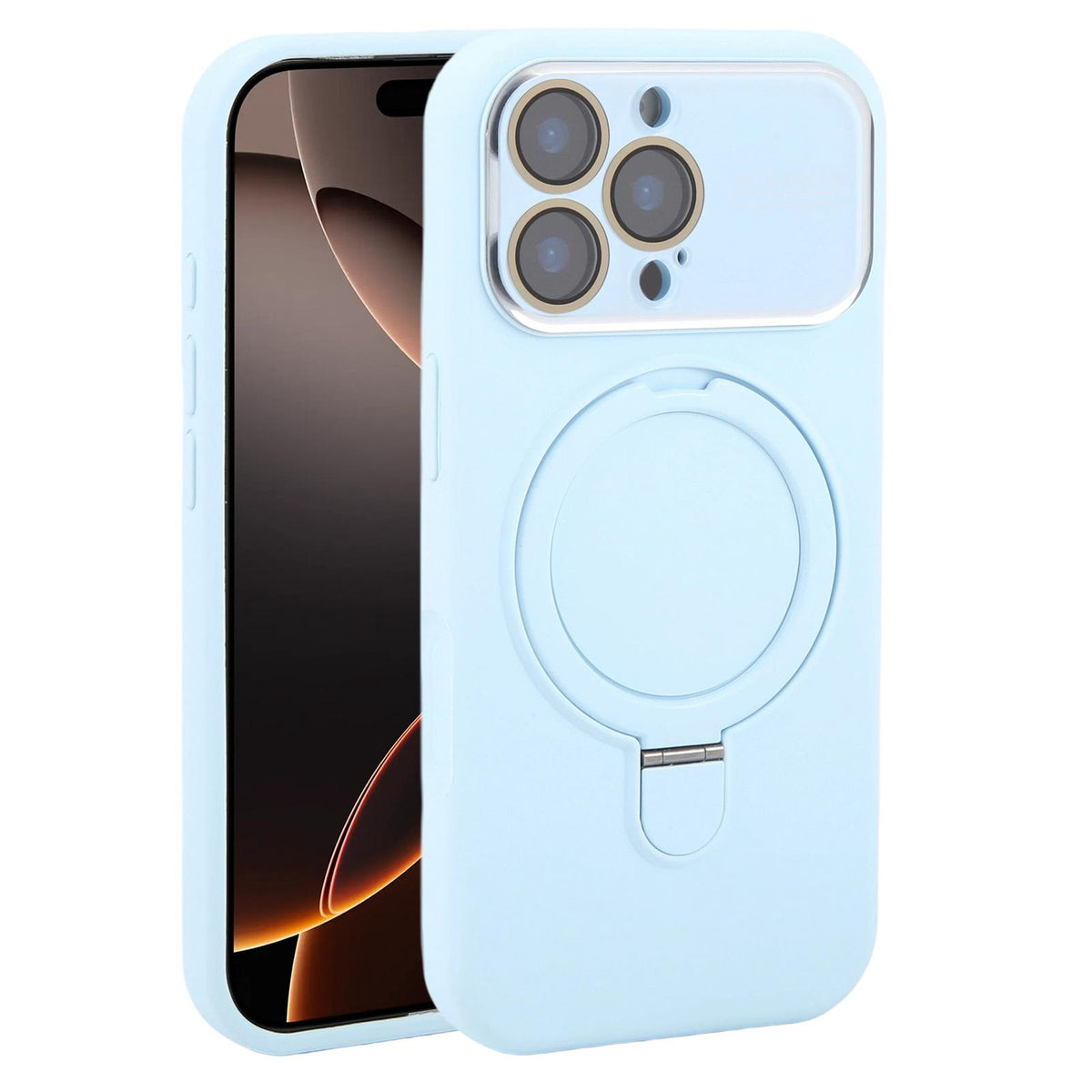 For iPhone 16 Pro Max Large Window Magnetic Holder Liquid Silicone Phone Case - Blue - EDA009822505I