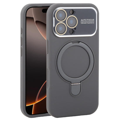 For iPhone 16 Pro Max Large Window Magnetic Holder Liquid Silicone Phone Case - Dark Grey - EDA009822505J
