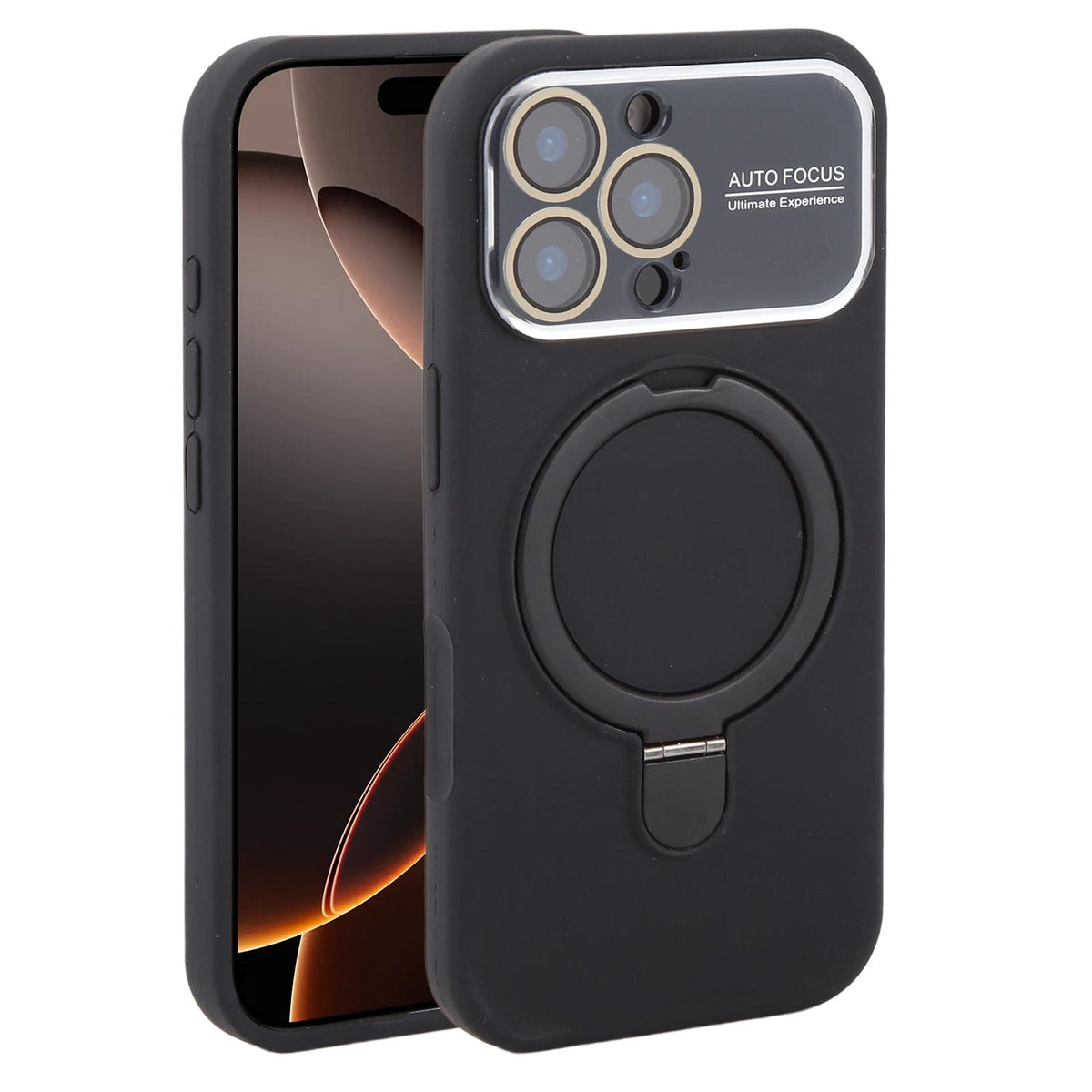 For iPhone 16 Pro Large Window Magnetic Holder Liquid Silicone Phone Case - Black - EDA009822506A