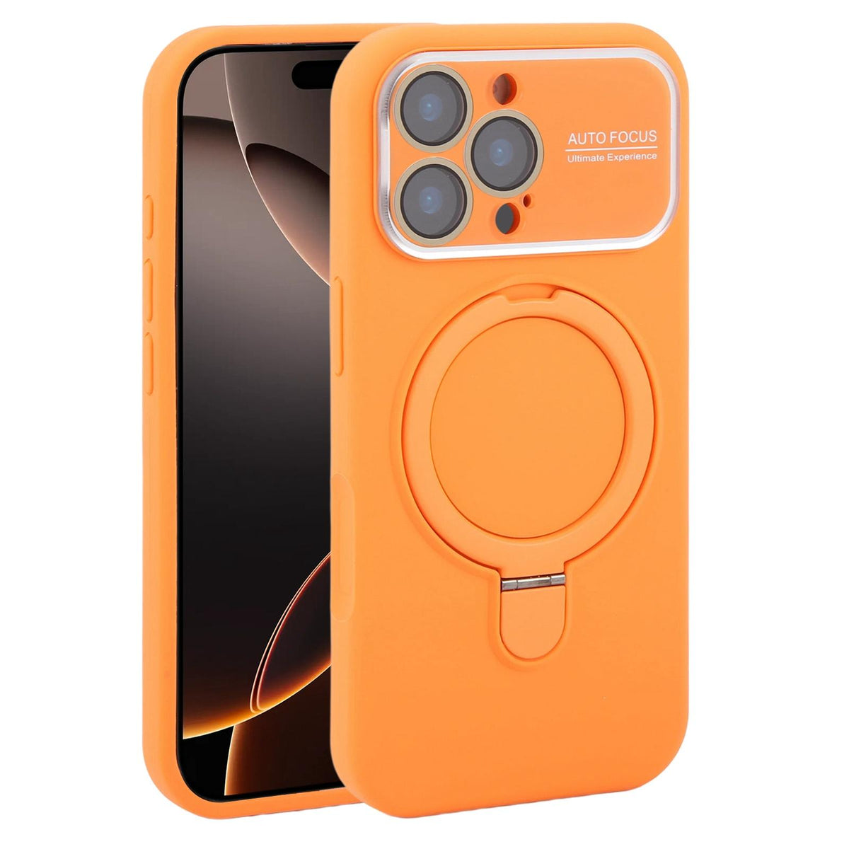 For iPhone 16 Pro Large Window Magnetic Holder Liquid Silicone Phone Case - Orange - EDA009822506B