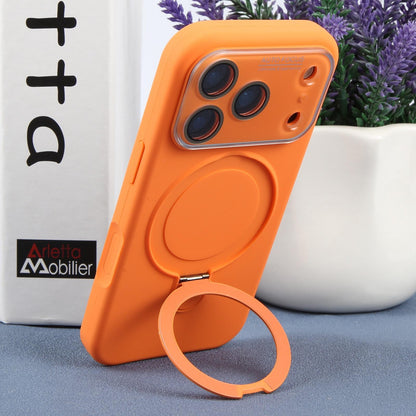 For iPhone 16 Pro Large Window Magnetic Holder Liquid Silicone Phone Case - Orange - EDA009822506B