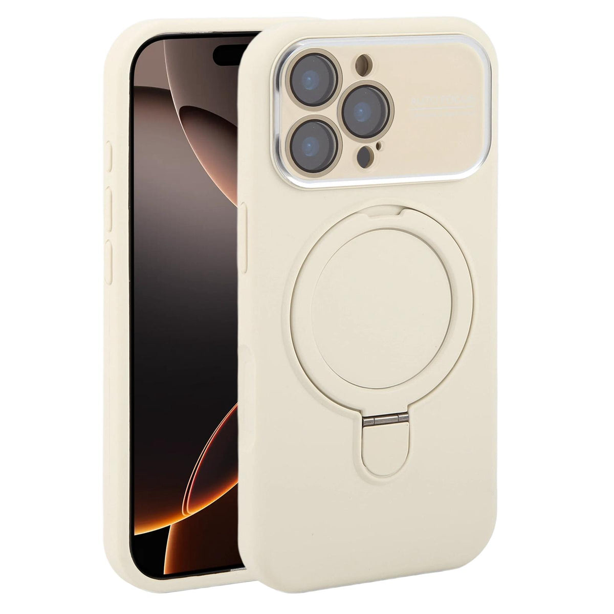For iPhone 16 Pro Large Window Magnetic Holder Liquid Silicone Phone Case - White - EDA009822506C
