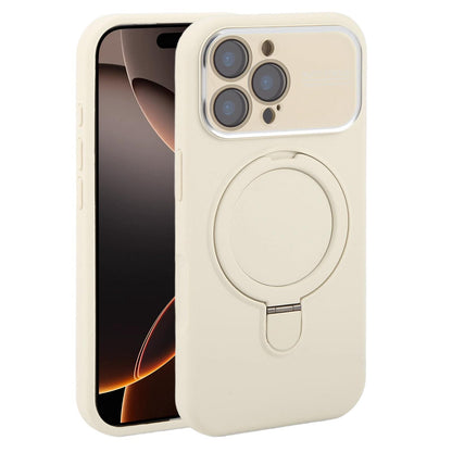 For iPhone 16 Pro Large Window Magnetic Holder Liquid Silicone Phone Case - White - EDA009822506C