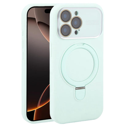 For iPhone 16 Pro Large Window Magnetic Holder Liquid Silicone Phone Case - Mint Green - EDA009822506E