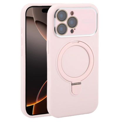 For iPhone 16 Pro Large Window Magnetic Holder Liquid Silicone Phone Case - Pink - EDA009822506F