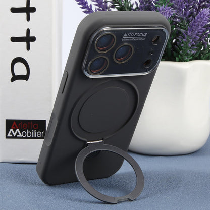 For iPhone 16 Pro Large Window Magnetic Holder Liquid Silicone Phone Case - Dark Grey - EDA009822506J