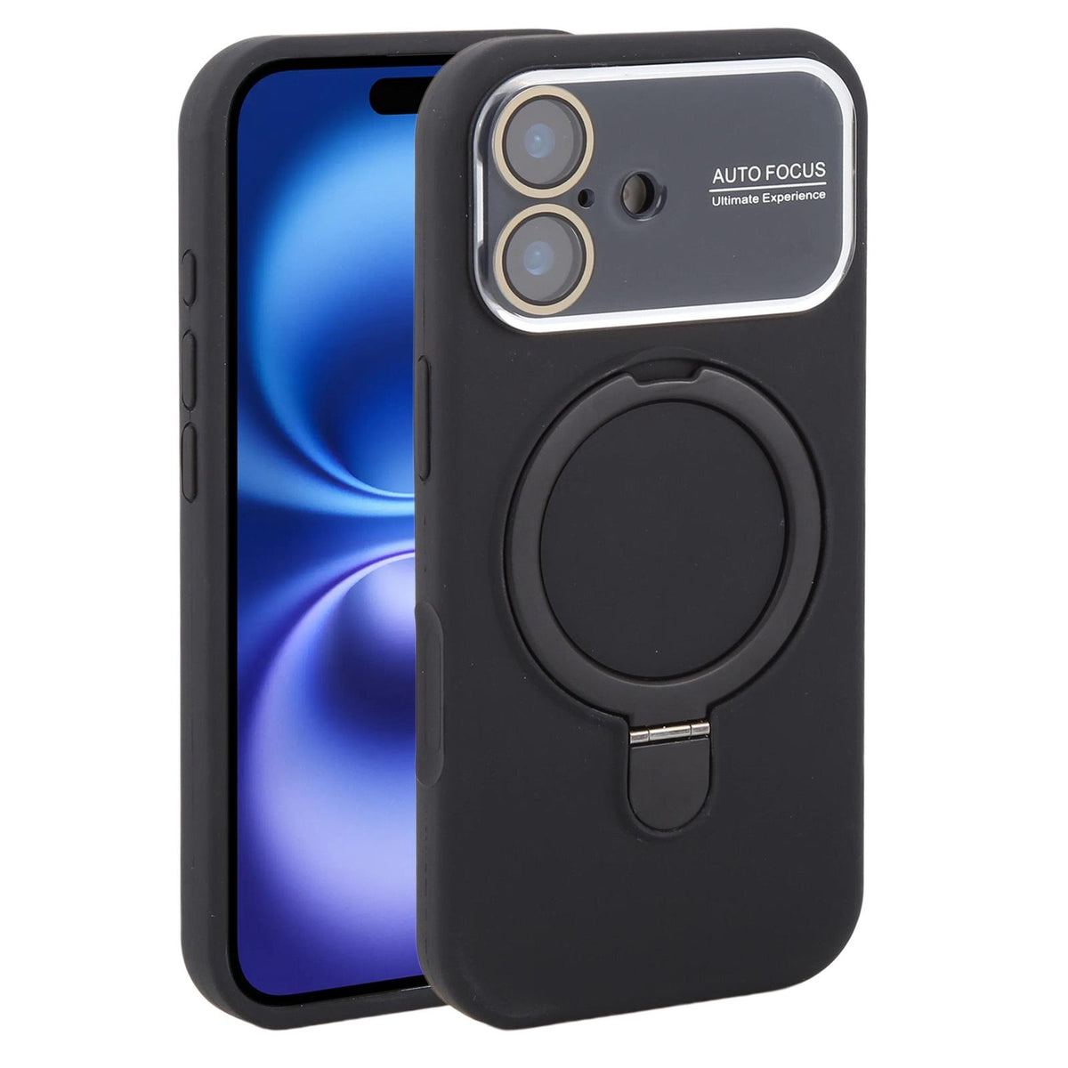 For iPhone 16 Large Window Magnetic Holder Liquid Silicone Phone Case - Black - EDA009822508A