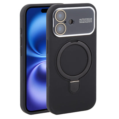 For iPhone 16 Large Window Magnetic Holder Liquid Silicone Phone Case - Black - EDA009822508A