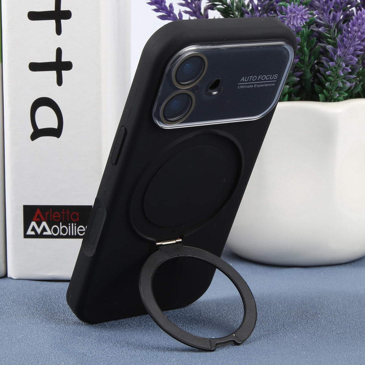 For iPhone 16 Large Window Magnetic Holder Liquid Silicone Phone Case - Black - EDA009822508A