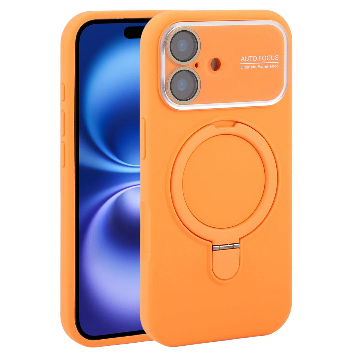 For iPhone 16 Large Window Magnetic Holder Liquid Silicone Phone Case - Orange - EDA009822508B