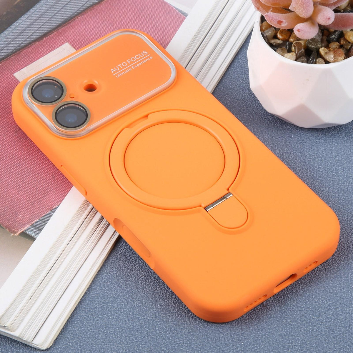 For iPhone 16 Large Window Magnetic Holder Liquid Silicone Phone Case - Orange - EDA009822508B