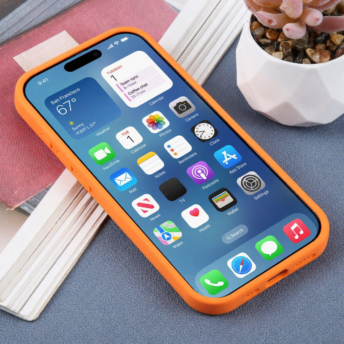 For iPhone 16 Large Window Magnetic Holder Liquid Silicone Phone Case - Orange - EDA009822508B
