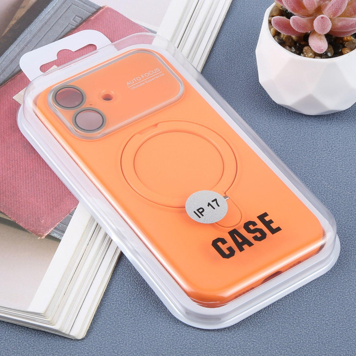 For iPhone 16 Large Window Magnetic Holder Liquid Silicone Phone Case - Orange - EDA009822508B