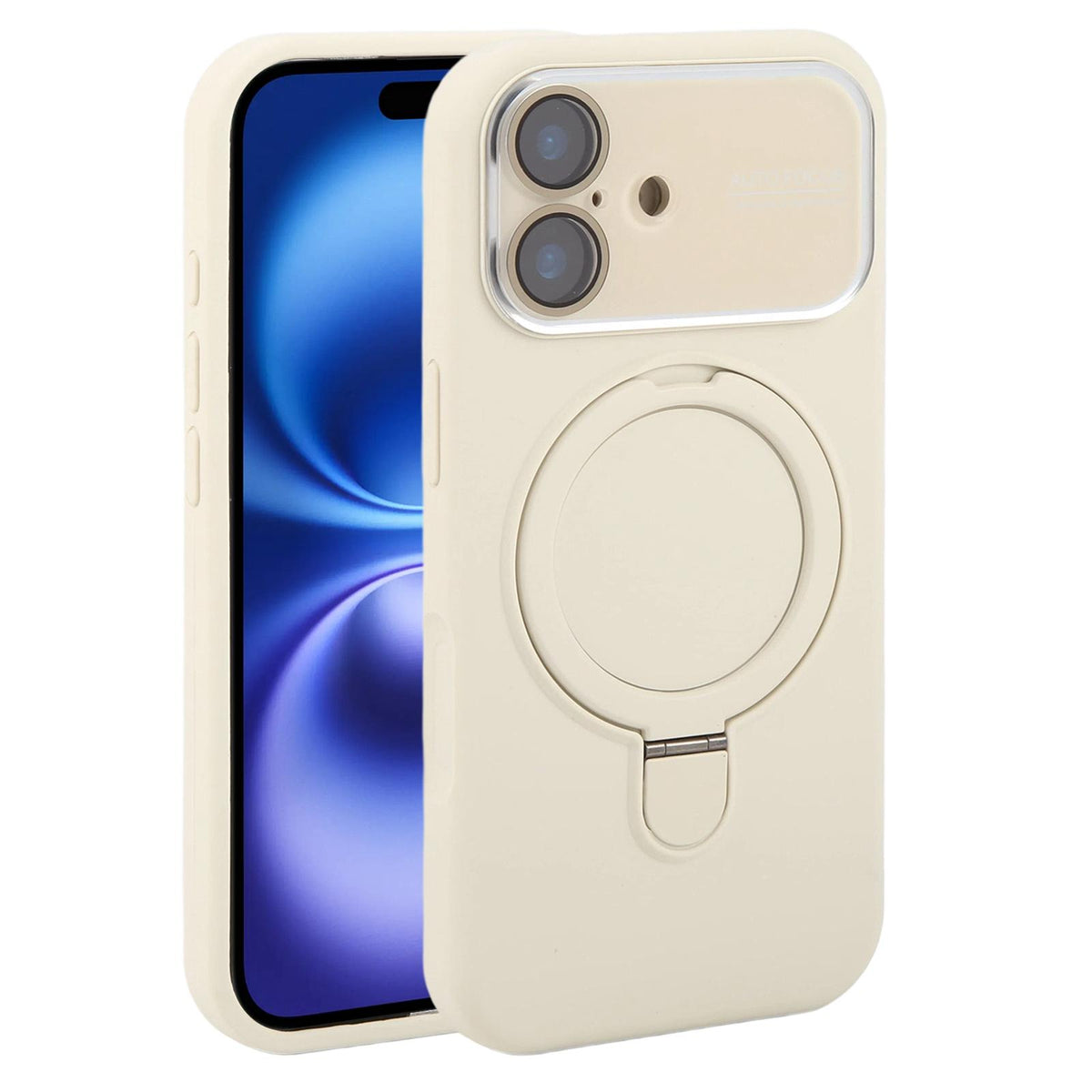 For iPhone 16 Large Window Magnetic Holder Liquid Silicone Phone Case - White - EDA009822508C