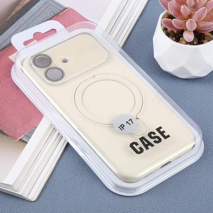 For iPhone 16 Large Window Magnetic Holder Liquid Silicone Phone Case - White - EDA009822508C
