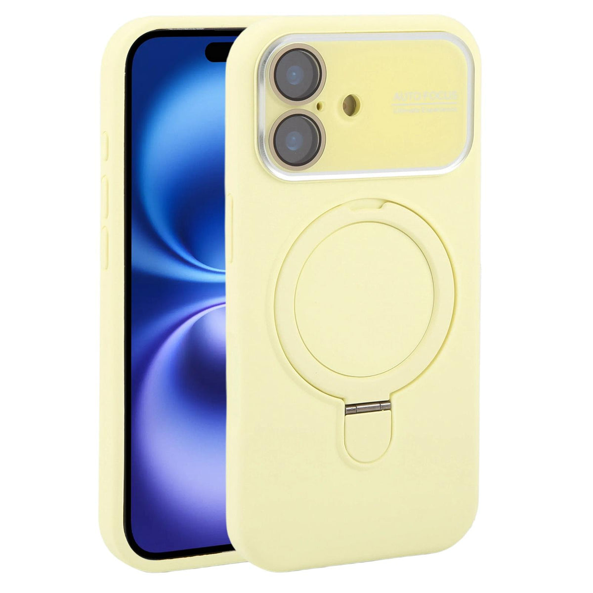 For iPhone 16 Large Window Magnetic Holder Liquid Silicone Phone Case - Yellow - EDA009822508D