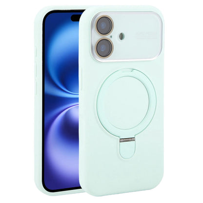 For iPhone 16 Large Window Magnetic Holder Liquid Silicone Phone Case - Mint Green - EDA009822508E