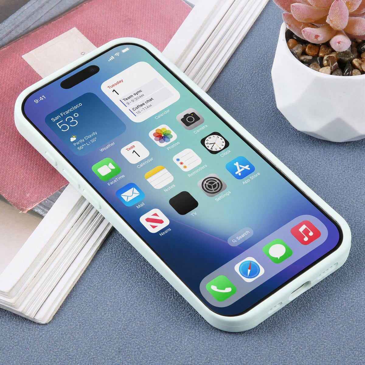For iPhone 16 Large Window Magnetic Holder Liquid Silicone Phone Case - Mint Green - EDA009822508E