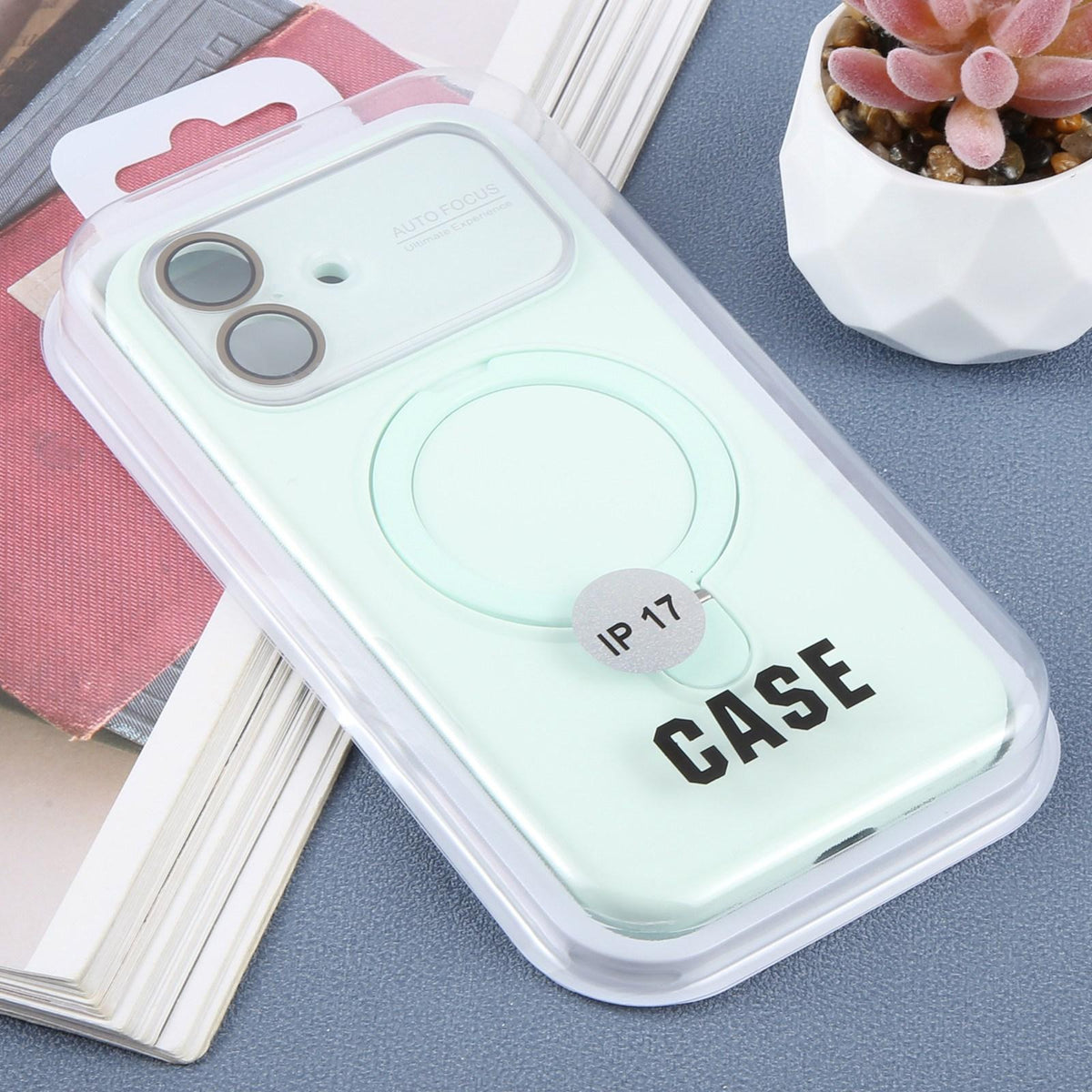 For iPhone 16 Large Window Magnetic Holder Liquid Silicone Phone Case - Mint Green - EDA009822508E