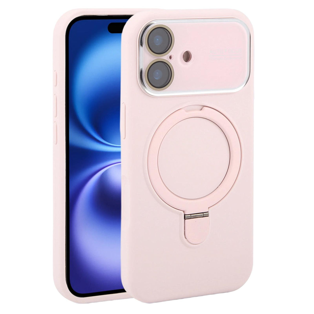 For iPhone 16 Large Window Magnetic Holder Liquid Silicone Phone Case - Pink - EDA009822508F