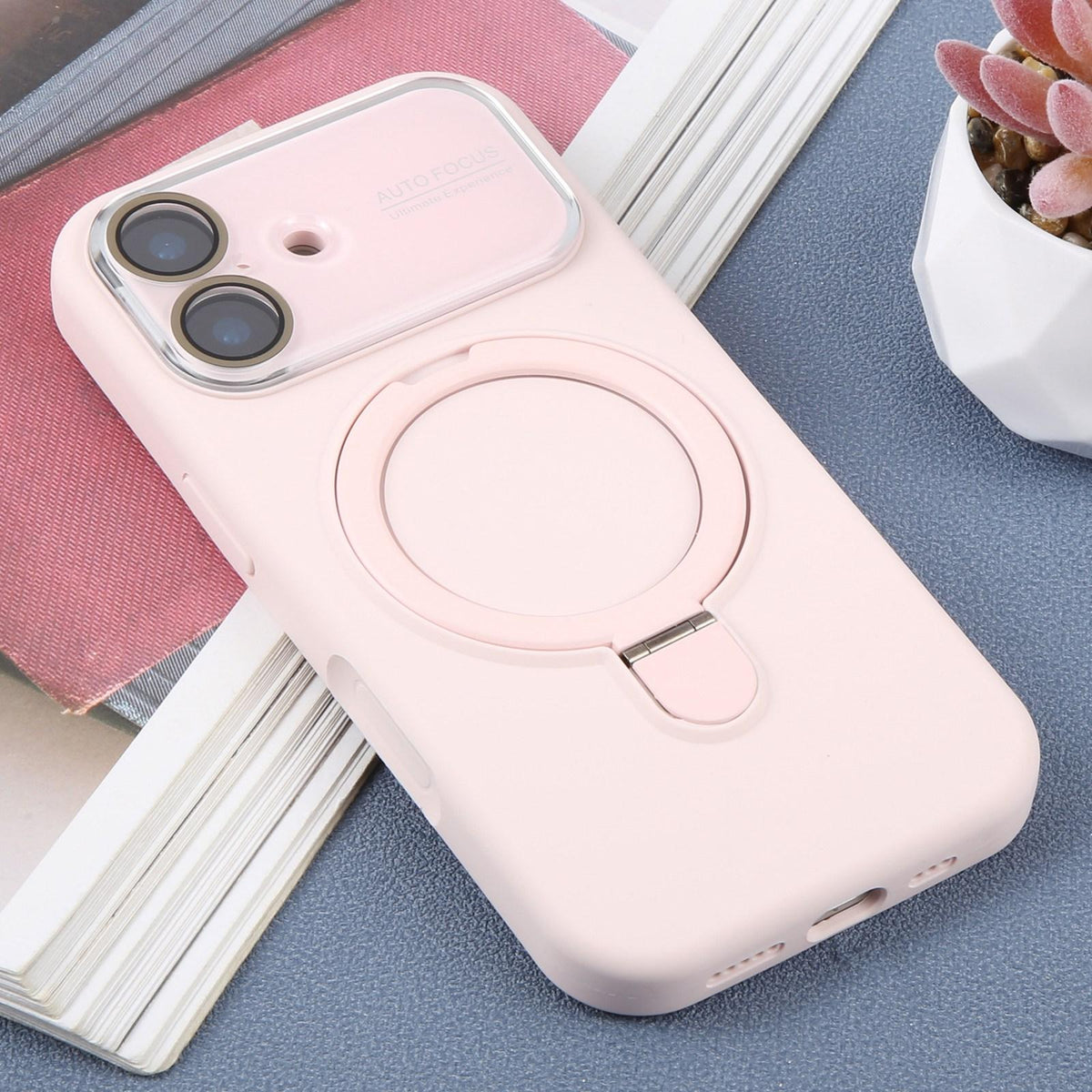 For iPhone 16 Large Window Magnetic Holder Liquid Silicone Phone Case - Pink - EDA009822508F