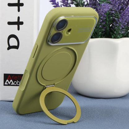 For iPhone 16 Large Window Magnetic Holder Liquid Silicone Phone Case - Green - EDA009822508G