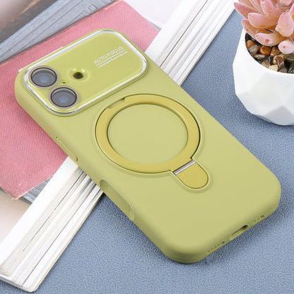 For iPhone 16 Large Window Magnetic Holder Liquid Silicone Phone Case - Green - EDA009822508G