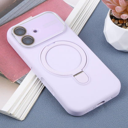 For iPhone 16 Large Window Magnetic Holder Liquid Silicone Phone Case - Purple - EDA009822508H