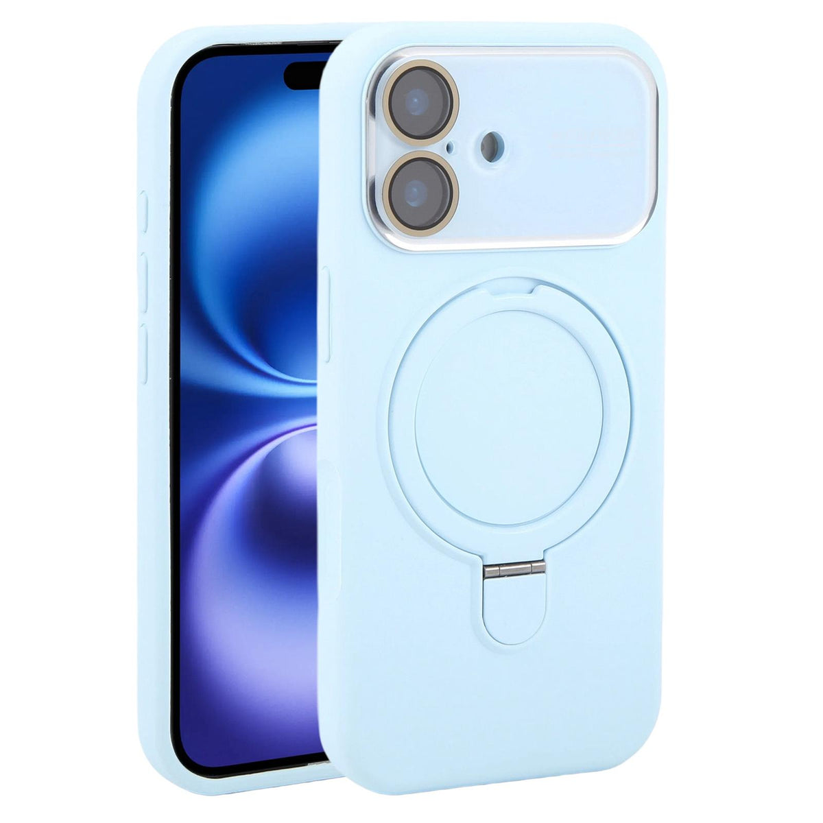 For iPhone 16 Large Window Magnetic Holder Liquid Silicone Phone Case - Blue - EDA009822508I